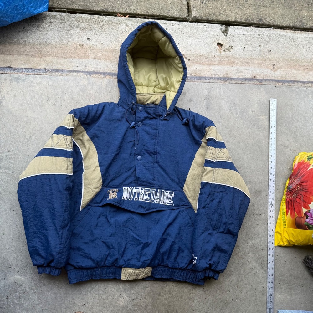 Vintage Starter Notre Dame Fighting Irish Puffer Anorak Jacket Navy Gold Medium